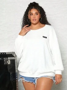 SHEIN CURVE+ 大碼字母貼布落肩袖運動衫 - 白色 - 查看 3