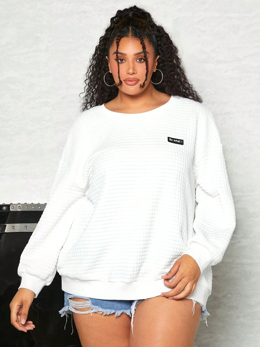 SHEIN CURVE+ 大碼字母貼布落肩袖運動衫 - 白色 - 查看 1