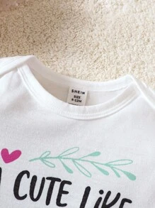 女婴休闲日常柔软舒适针织图案字母“我爱爸爸妈妈”可爱连体衣，适合春夏日常穿着和户外活动。 - 白色 - 查看 3