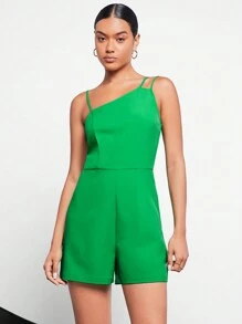 Maija Solid Asymmetrical Neck Romper Workwear - Green - View 2