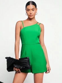 Maija Solid Asymmetrical Neck Romper Workwear - Green - View 5