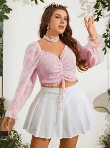 SHEIN Holidaya 大碼圓點前抽繩褶邊荷葉袖短款襯衫 - 淺粉色 - 查看 3