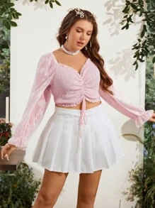 SHEIN Holidaya 大碼圓點前抽繩褶邊荷葉袖短款襯衫 - 淺粉色 - 查看 4