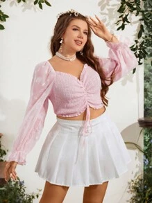 SHEIN Holidaya 大碼圓點前抽繩褶邊荷葉袖短款襯衫 - 淺粉色 - 查看 5