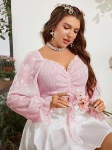 SHEIN Holidaya 大碼圓點前抽繩褶邊荷葉袖短款襯衫 - 淺粉色 - 查看 7