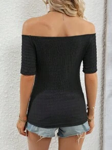 SHEIN Essnce 一字肩褶邊T恤 - 黑色 - 查看 2