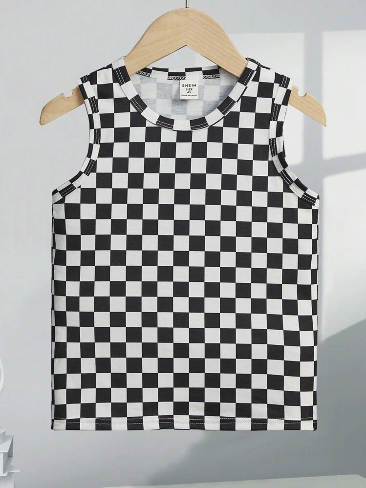 SHEIN Young Boy Casual Street Style Vacation Loose Fit Black & White Plaid & Printed Top For Sports, Summer - Black and White - View 1