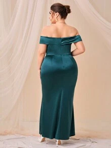 SHEIN Belle Hơn Off Shoulder Xù Tách đùi Xa ten Chính thức Váy phù dâu - Màu xanh ngọc - Xem 5