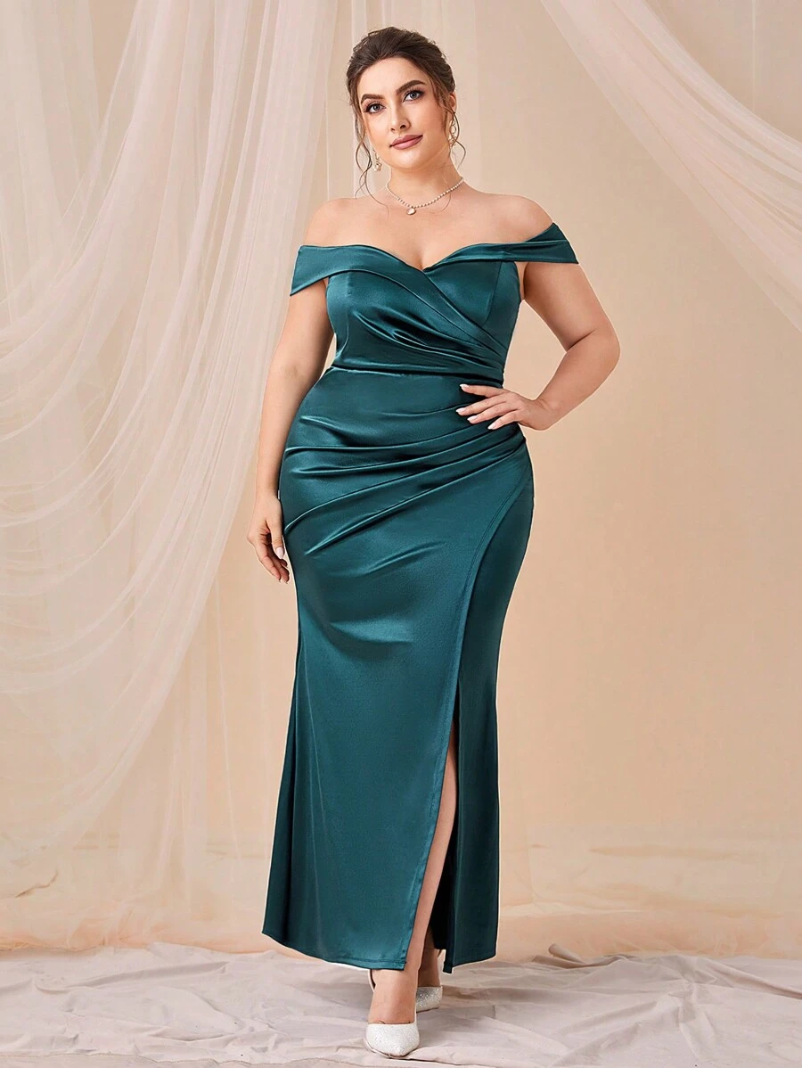 SHEIN Belle Hơn Off Shoulder Xù Tách đùi Xa ten Chính thức Váy phù dâu - Màu xanh ngọc - Xem 1