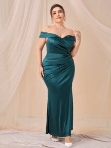 SHEIN Belle Hơn Off Shoulder Xù Tách đùi Xa ten Chính thức Váy phù dâu - Màu xanh ngọc - Xem 2