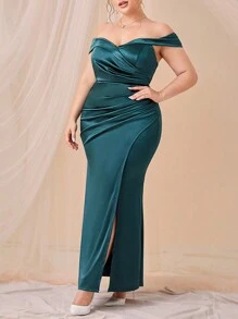 SHEIN Belle Hơn Off Shoulder Xù Tách đùi Xa ten Chính thức Váy phù dâu - Màu xanh ngọc - Xem 3