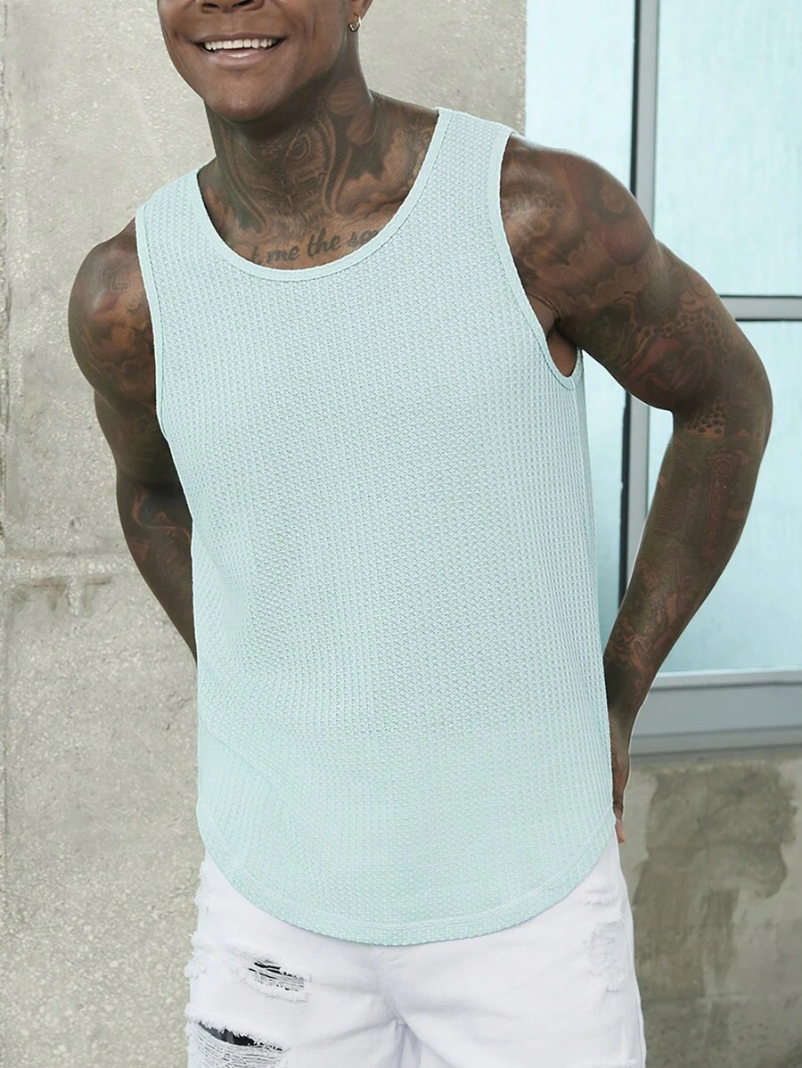 Manfinity Homme Áo thun nam Gân đan màu trơn Giải trí - Màu xanh Bạc hà - Xem 1