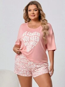 Hơn Đồ họa Khẩu hiệu Thả vai Bộ PJ - Màu Hồng  San hô - Xem 3