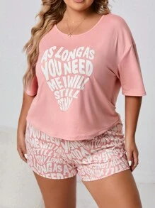 Hơn Đồ họa Khẩu hiệu Thả vai Bộ PJ - Màu Hồng  San hô - Xem 7