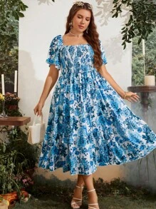 Sunnyshic Vestido de estampado floral bohemio con escote cuadrado, manga corta y dobladillo con volantes, talla grande, para el verano - Azul - Ver 4