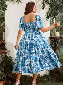 Sunnyshic Vestido de estampado floral bohemio con escote cuadrado, manga corta y dobladillo con volantes, talla grande, para el verano - Azul - Ver 5