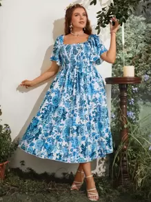Sunnyshic Vestido de estampado floral bohemio con escote cuadrado, manga corta y dobladillo con volantes, talla grande, para el verano - Azul - Ver 8