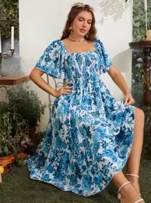 Sunnyshic Vestido de estampado floral bohemio con escote cuadrado, manga corta y dobladillo con volantes, talla grande, para el verano - Azul - Ver 1