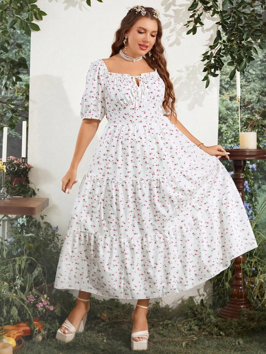 Sunnyshic Vestido de verano con estampado floral bohemio irregular, con volante en el dobladillo y amarre al frente, para tallas grandes - Blanco - Ver 1