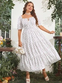 Sunnyshic Vestido de verano con estampado floral bohemio irregular, con volante en el dobladillo y amarre al frente, para tallas grandes - Blanco - Ver 3