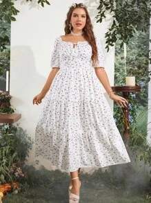 Sunnyshic Vestido de verano con estampado floral bohemio irregular, con volante en el dobladillo y amarre al frente, para tallas grandes - Blanco - Ver 4