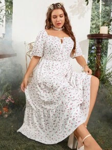 Sunnyshic Vestido de verano con estampado floral bohemio irregular, con volante en el dobladillo y amarre al frente, para tallas grandes - Blanco - Ver 5
