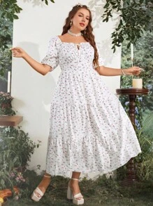 Sunnyshic Vestido de verano con estampado floral bohemio irregular, con volante en el dobladillo y amarre al frente, para tallas grandes - Blanco - Ver 6