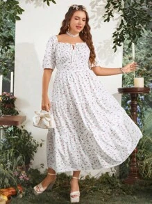 Sunnyshic Vestido de verano con estampado floral bohemio irregular, con volante en el dobladillo y amarre al frente, para tallas grandes - Blanco - Ver 7