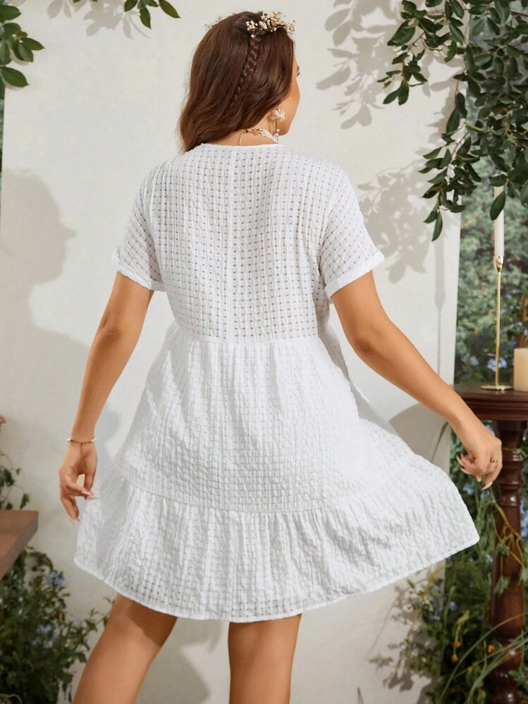 SHEIN MOD Vestido de manga murciélago bajo con fruncido - Blanco - Añade 2