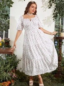 Sunnyshic Vestido de verano con estampado floral bohemio irregular, con volante en el dobladillo y amarre al frente, para tallas grandes - Blanco - Ver 8