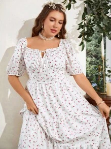 Sunnyshic Vestido de verano con estampado floral bohemio irregular, con volante en el dobladillo y amarre al frente, para tallas grandes - Blanco - Ver 9