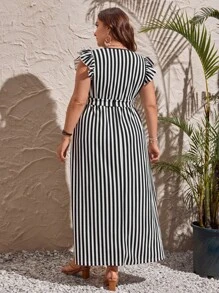 SHEIN Clasi Plus Striped Print Ruffle Trim Belted Dress - Black and White - View 2