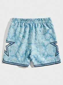 ROMWE MEN Street Life Men Star Paisley Print Drawstring Waist Shorts, School - Blue and White - View 2