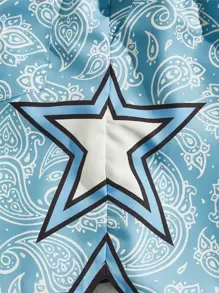 ROMWE MEN Street Life Men Star Paisley Print Drawstring Waist Shorts, School - Blue and White - View 3