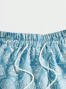 ROMWE MEN Street Life Men Star Paisley Print Drawstring Waist Shorts, School - Blue and White - View 4