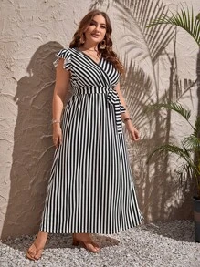SHEIN Clasi Plus Striped Print Ruffle Trim Belted Dress - Black and White - View 5