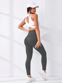 Easithlete 鉤眼扣腰帶腰素色運動打底褲 - 灰色 - 查看 7