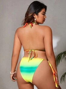 SHEIN Swim Curve Conjunto De Bikini Con Lazo Lateral Y Triángulo Halter Ombre De Talla Grande Para Playa De Verano - Multicolor - Ver 3