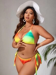SHEIN Swim Curve Conjunto De Bikini Con Lazo Lateral Y Triángulo Halter Ombre De Talla Grande Para Playa De Verano - Multicolor - Ver 4
