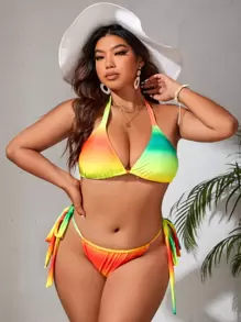 SHEIN Swim Curve Conjunto De Bikini Con Lazo Lateral Y Triángulo Halter Ombre De Talla Grande Para Playa De Verano - Multicolor - Ver 1