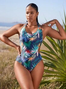 熱帶圖案鏤空連體泳衣附沙灘裙 - 彩色 - 查看 3