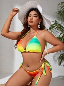 SHEIN Swim Curve Conjunto De Bikini Con Lazo Lateral Y Triángulo Halter Ombre De Talla Grande Para Playa De Verano - Multicolor - Ver 6