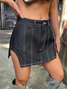 SHEIN ICON Top-stitching Asymmetrical Hem Denim Skirt - Grey - View 1