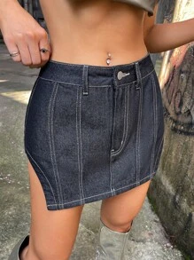 SHEIN ICON Top-stitching Asymmetrical Hem Denim Skirt - Grey - View 4