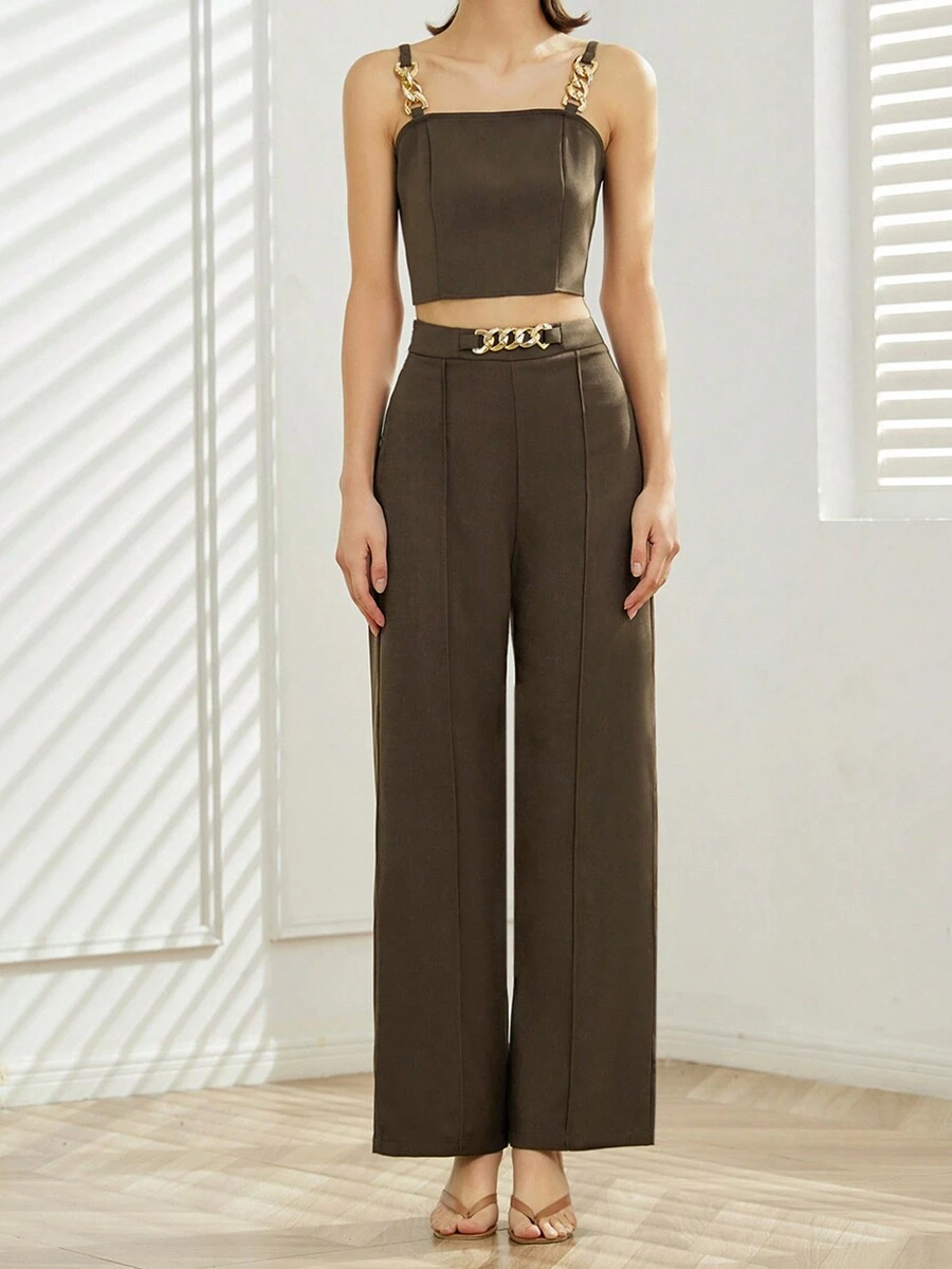 素色吊帶上衣和鏈條細節闊腿褲 - 棕色 - 查看 1
