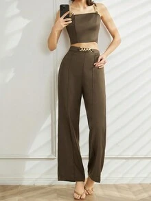 素色吊帶上衣和鏈條細節闊腿褲 - 棕色 - 查看 3