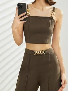 素色吊帶上衣和鏈條細節闊腿褲 - 棕色 - 查看 5