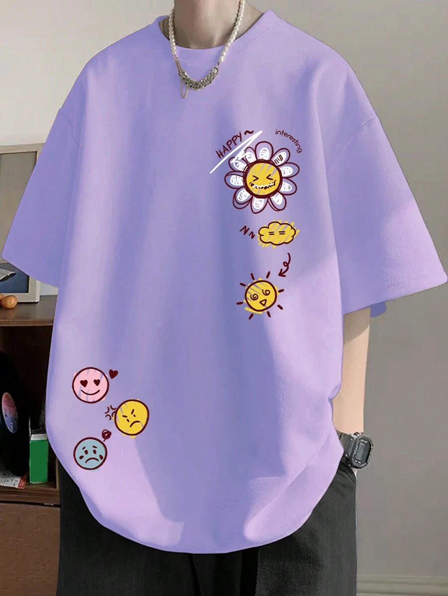 Claim Dot 加大码男式卡通字母图案 T 恤 - 淡紫色 - 查看 1