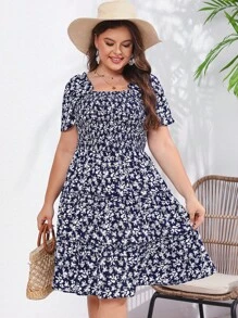 大碼碎花方領連衣裙 - 藏蓝色 - 查看 1