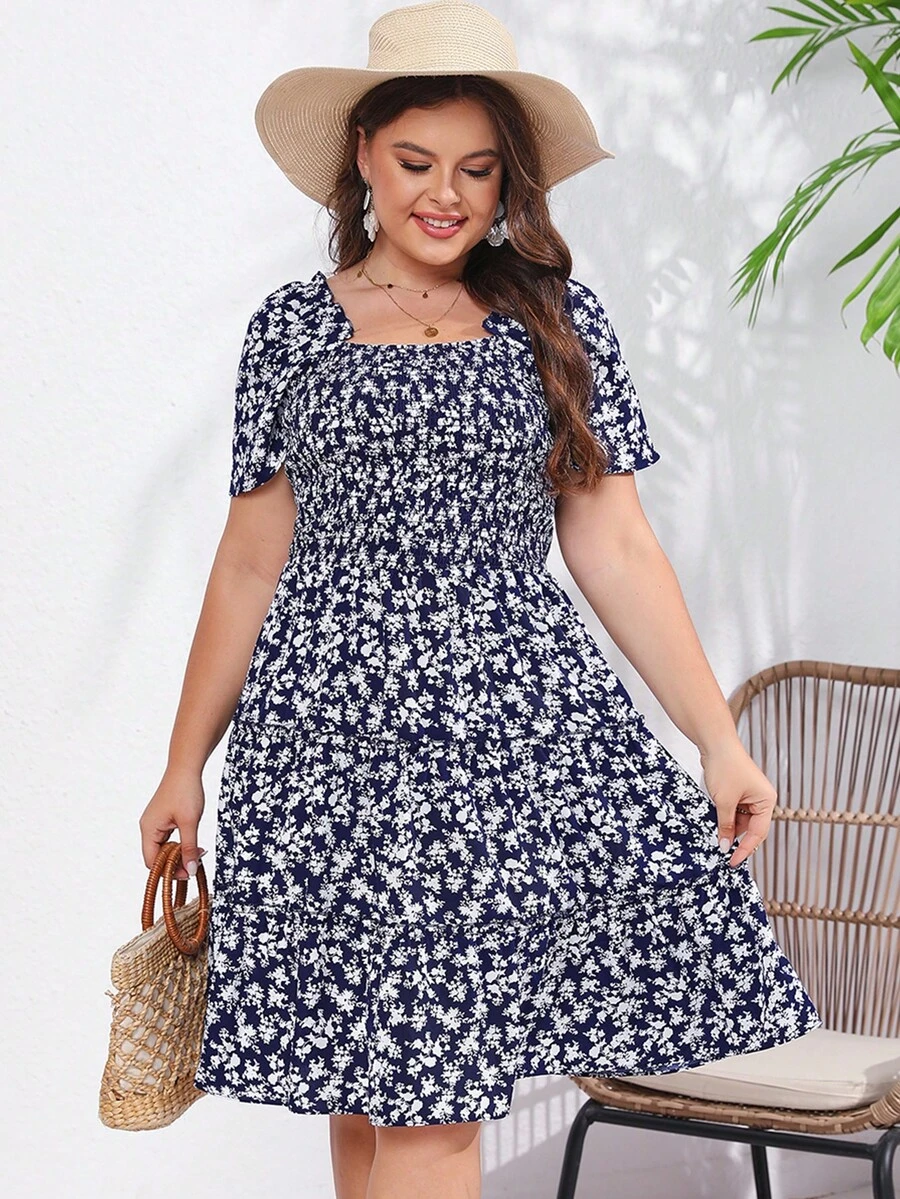 大碼碎花方領連衣裙 - 藏蓝色 - 查看 1